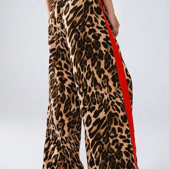 Yellow Casual Women's Leopard Print Color Block Loose Long Pants - Picture 3 of 5